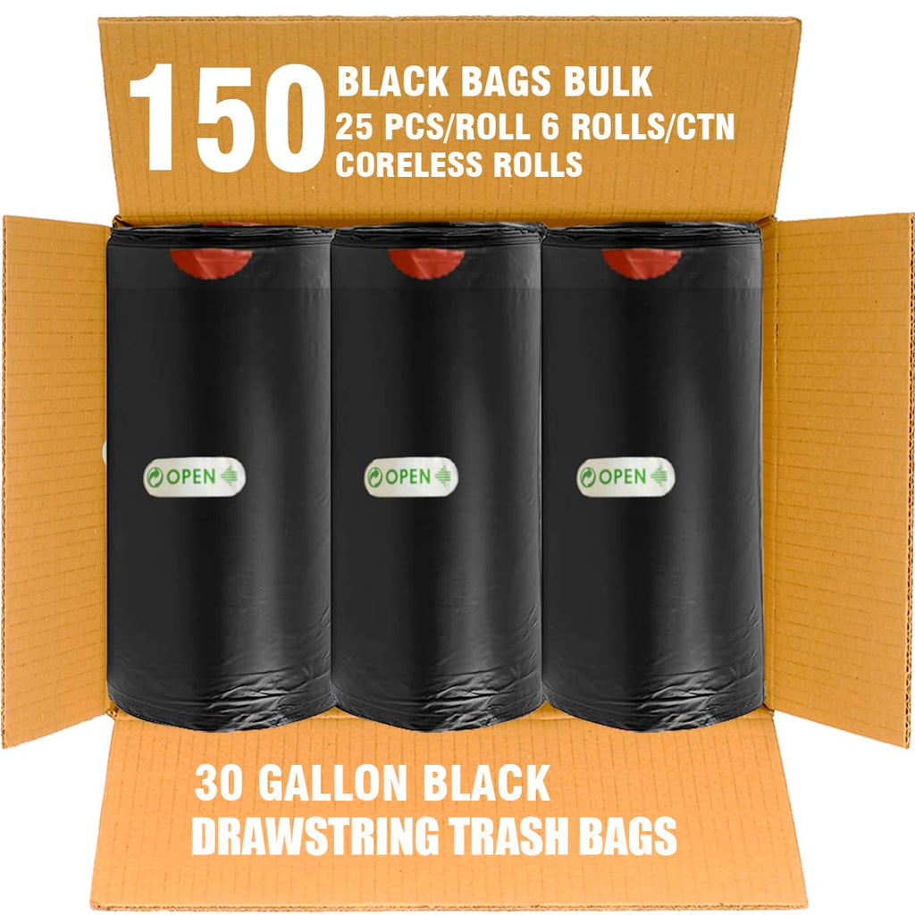 30 Gallon Drawstring Trash Bags, 150 Count Black Heavy Duty D72175