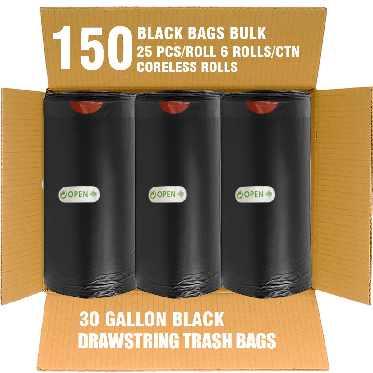 30 Gallon Drawstring Trash Bags, 150 Count Black Heavy Duty D72175