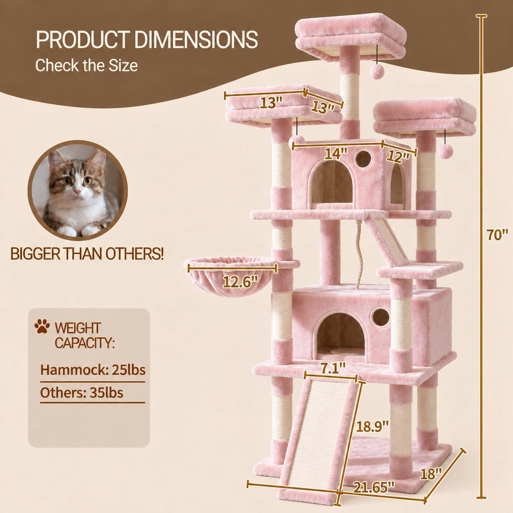 70 Inch Tall Multi-Level Cat Tree Tower with Scratching Posts, Hammock & Perches V963226