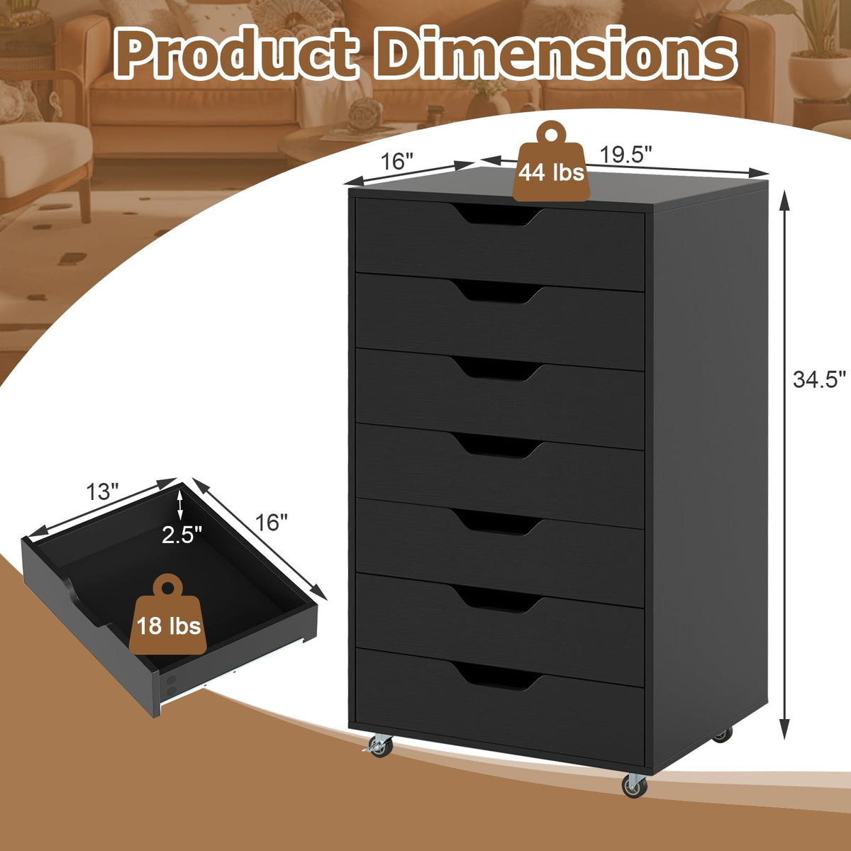 7 Drawer Wooden Storage Cabinet with Casters B237956