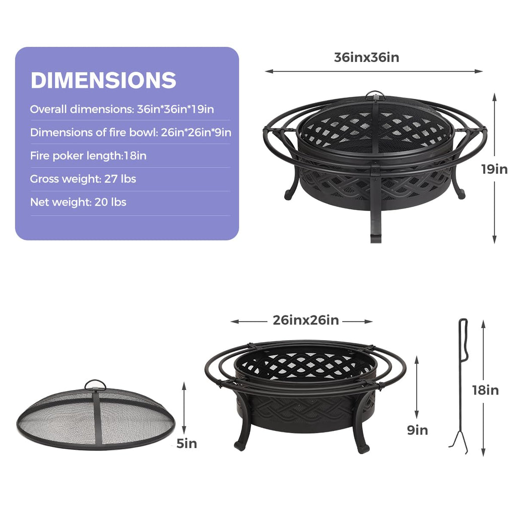 36 Inch Outdoor Fire Pit with Spark Screen Black P39038