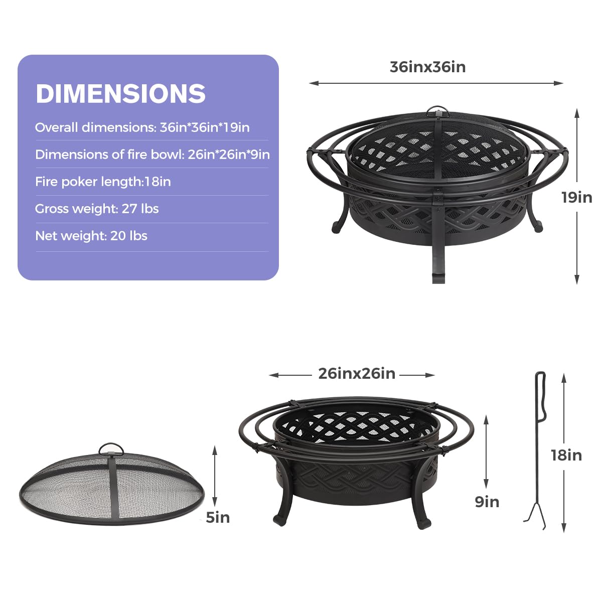 36 Inch Outdoor Fire Pit with Spark Screen Black P39038