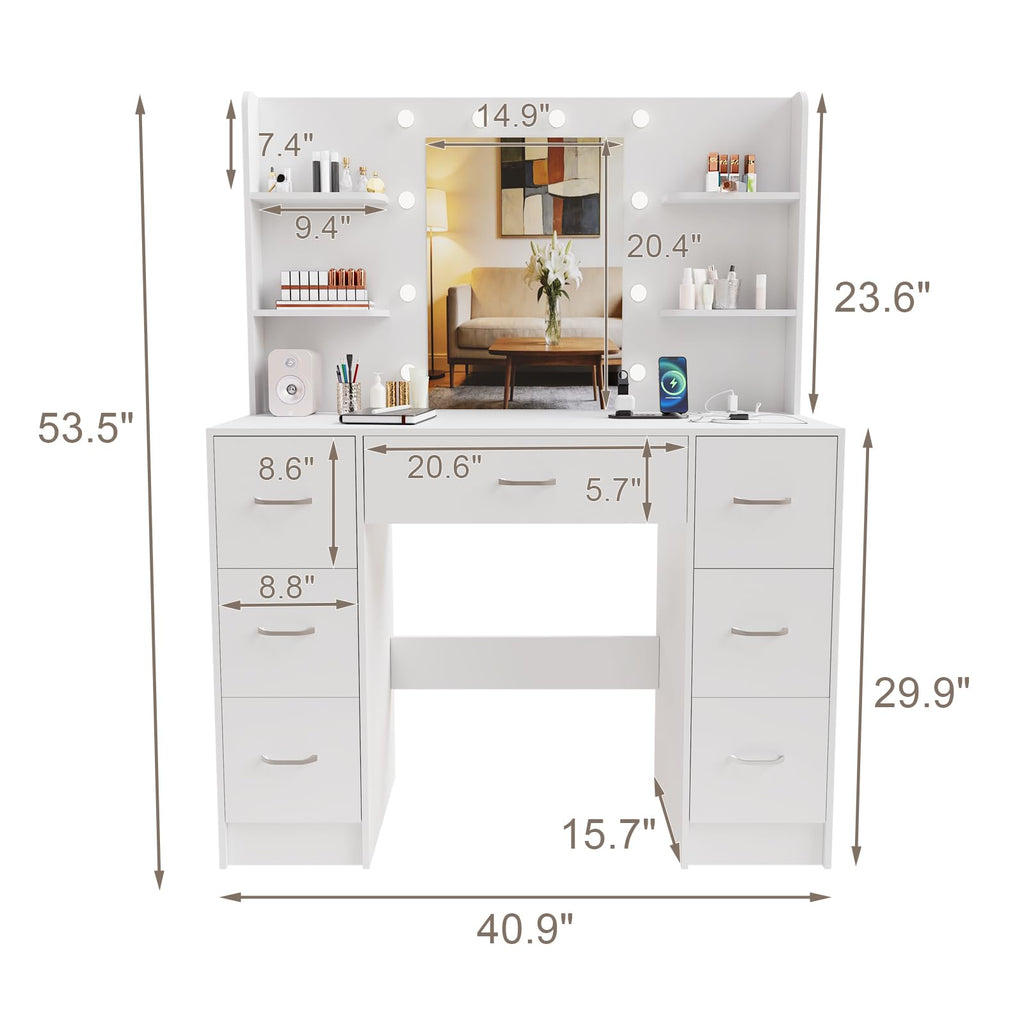 Large White Vanity Desk with LED Lighted Mirror & 7 Drawers I330