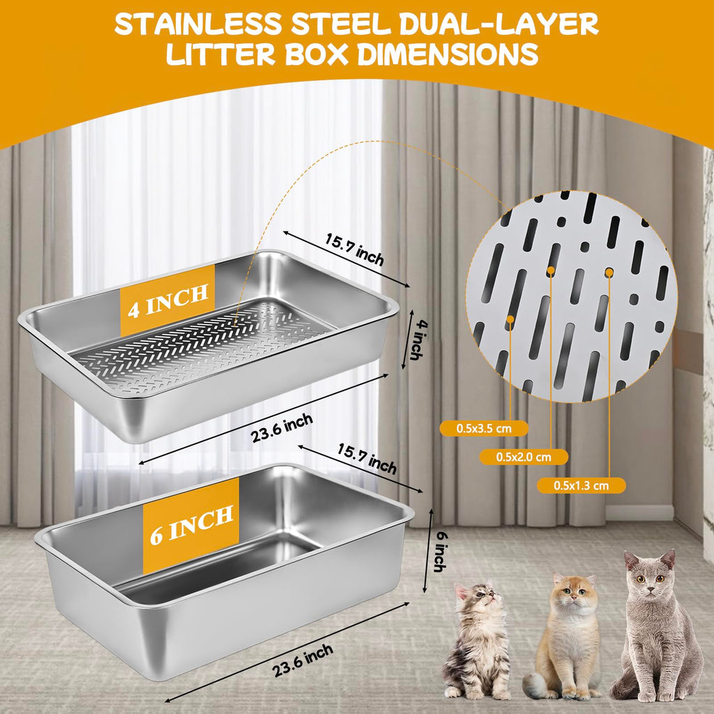 Stainless Steel Sifting Cat Litter Box with Scoop and Pee Pad X733