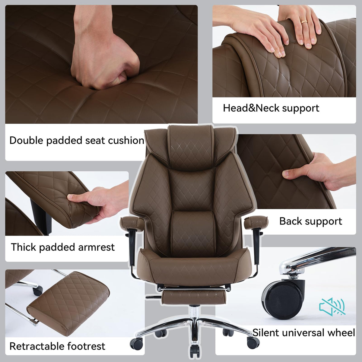 Big and Tall Office Chair with Footrest, PU Leather High Back Executive Chair 400lbs, Ergonomic Computer Chair Lumbar Support (Brown) N123