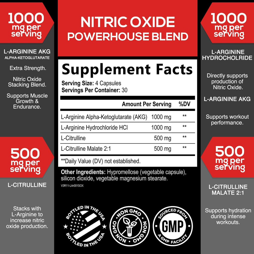 Nitric Oxide Supplement 3000mg Blend L-Arginine & L-Citrulline 120 Capsules J8498
