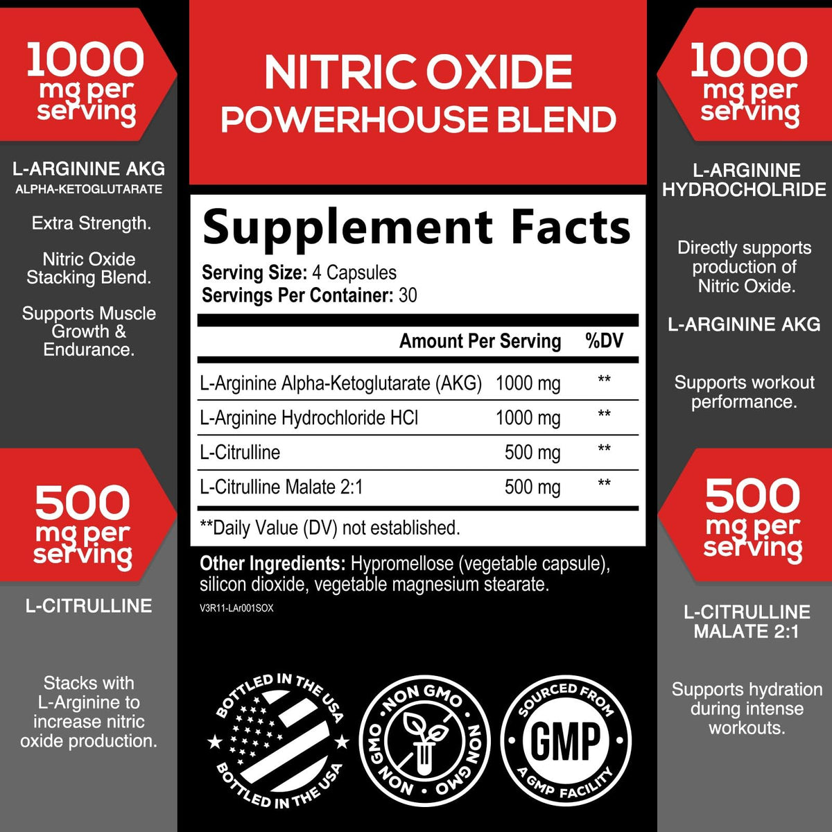Nitric Oxide Supplement 3000mg Blend L-Arginine & L-Citrulline 120 Capsules J8498