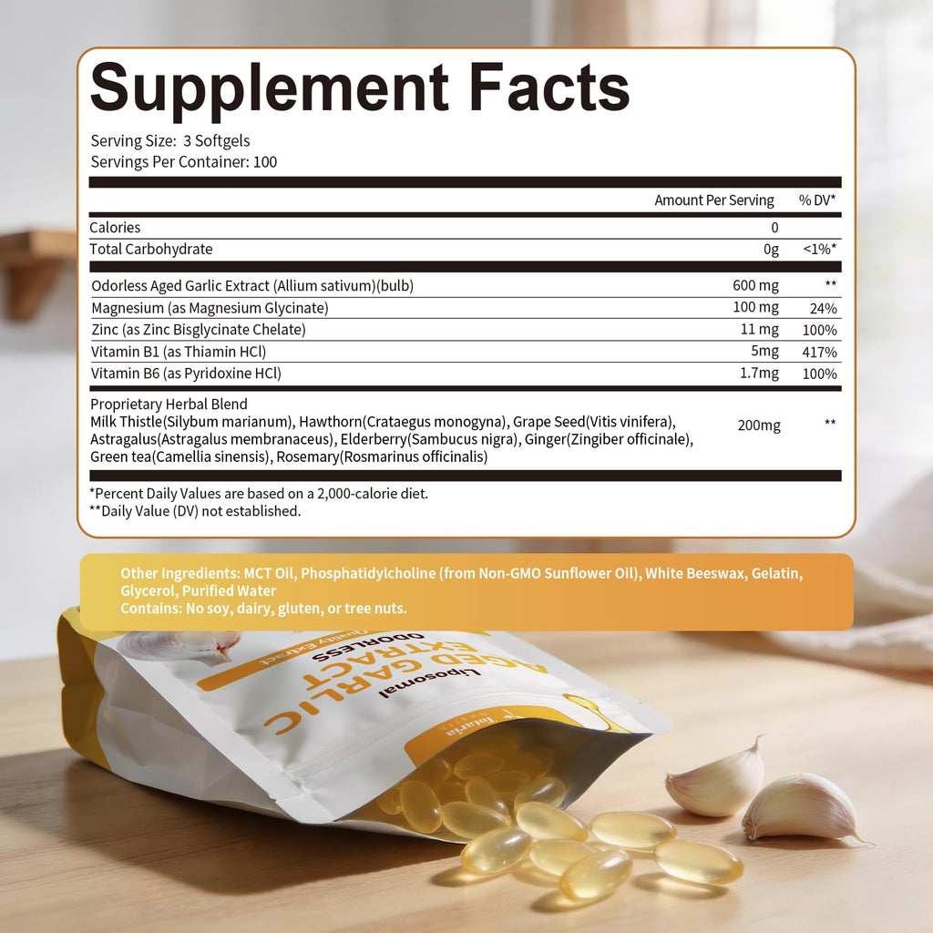 Odorless Aged Garlic Extract Capsules with Magnesium, Zinc, Vitamin B, 300 Softgels B537
