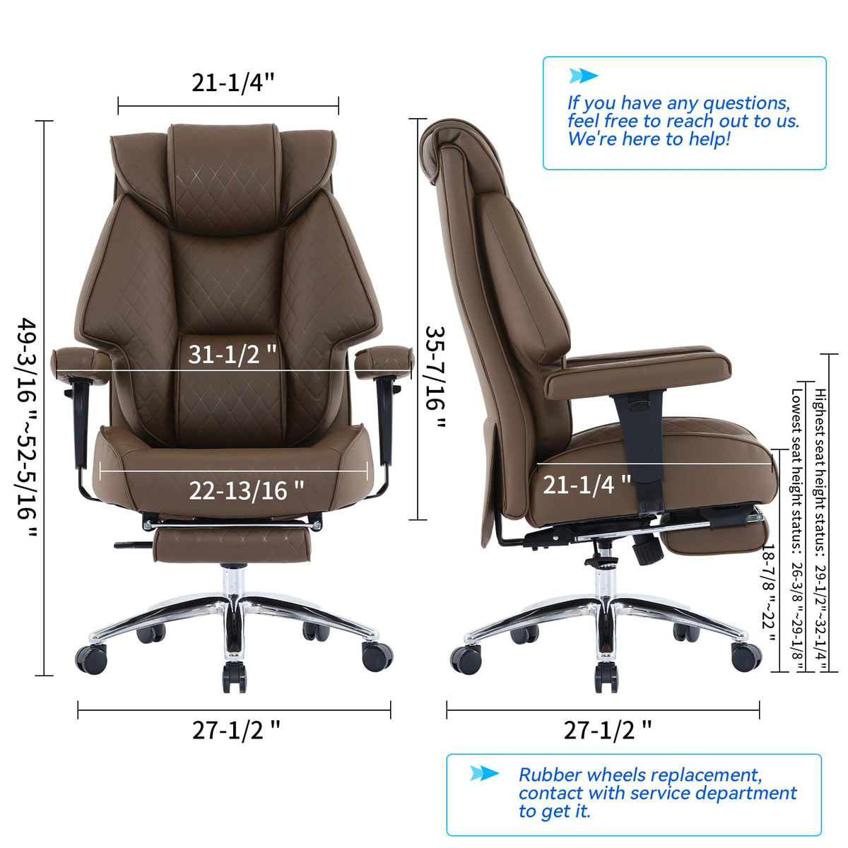 Big and Tall Office Chair with Footrest, PU Leather High Back Executive Chair 400lbs, Ergonomic Computer Chair Lumbar Support (Brown) N123