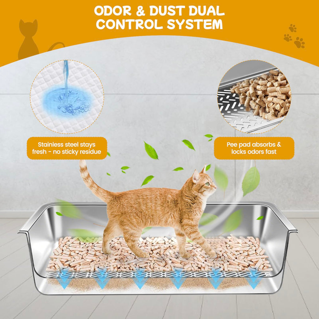 Stainless Steel Sifting Cat Litter Box with Scoop and Pee Pad X733