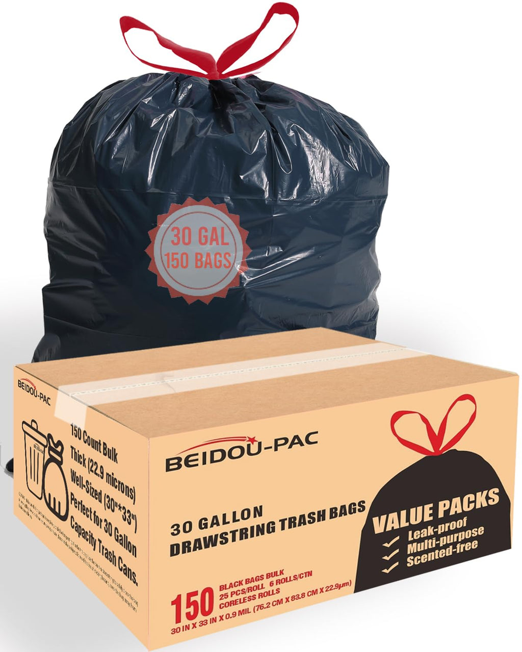 30 Gallon Drawstring Trash Bags, 150 Count Black Heavy Duty D72175