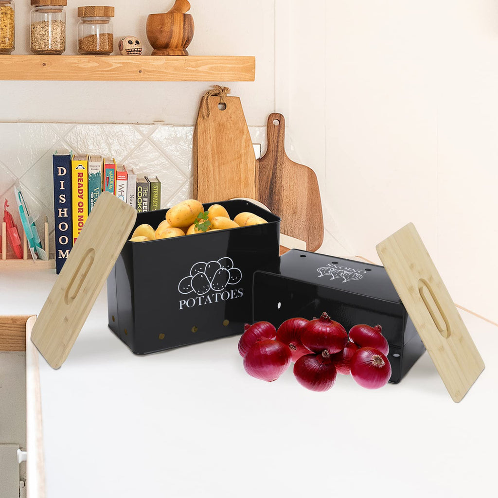 Vented Metal Vegetable Storage Bin Set of 2 with Wooden Lids C406232