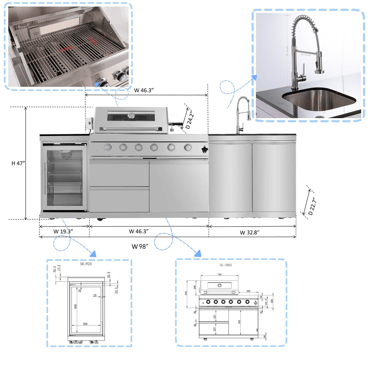 98 Inches 4-Burner Propane Stainless Steel Outdoor Kitchen Island with Refrigerator and Sink D107076