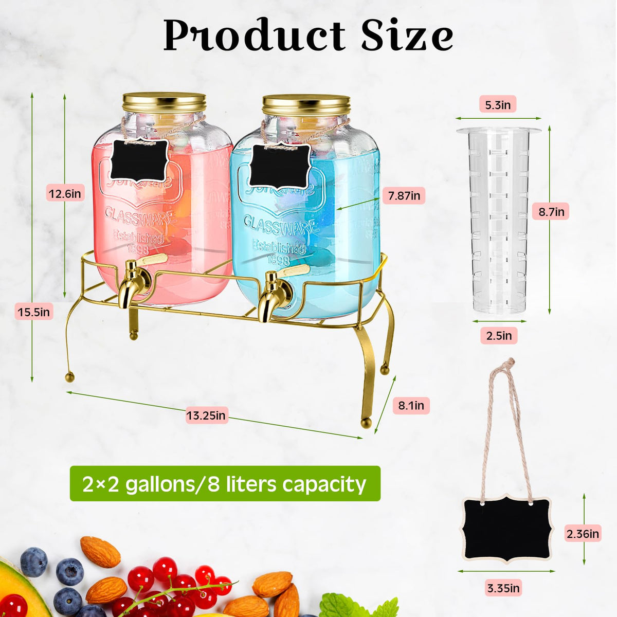 2 Pcs 2 Gallon Glass Drink Dispenser with Stand Q648939