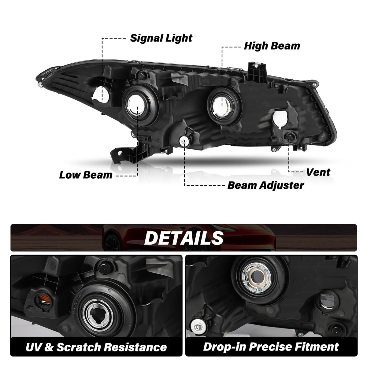 Headlight Assembly Replacement Chrome Housing with Amber Reflector E699