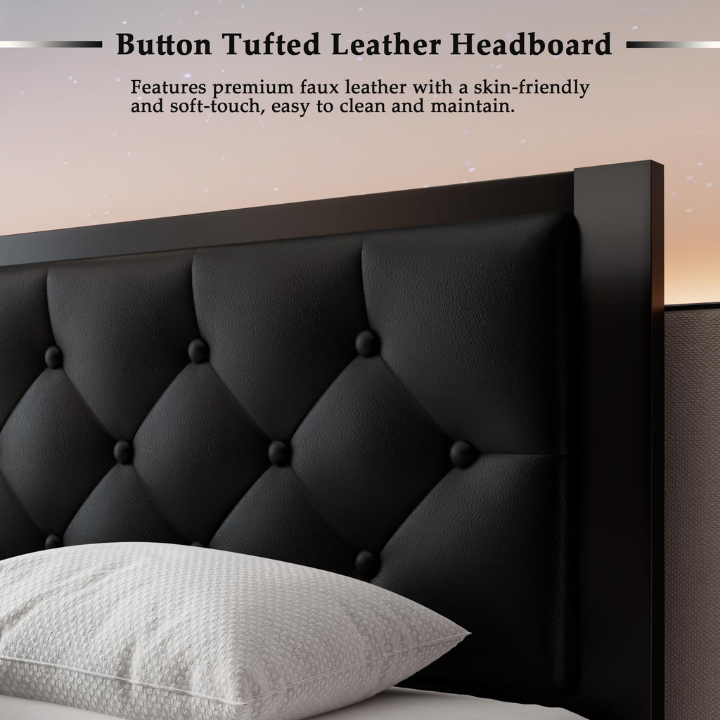 Twin Size Black Metal Platform Bed Frame with Faux Leather Tufted Headboard O60943