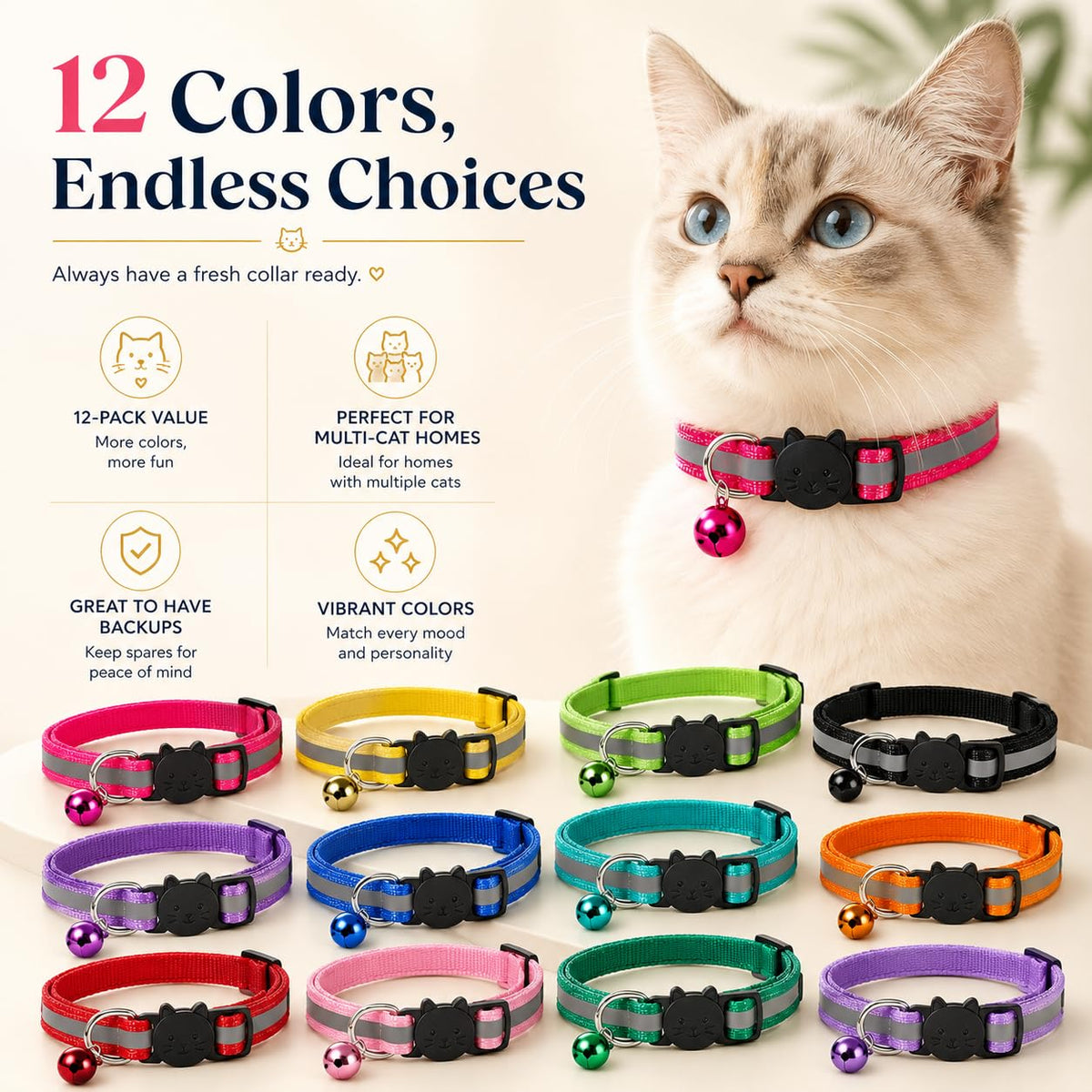 Reflective Breakaway Cat Collar with Bell 12-Pack X76484