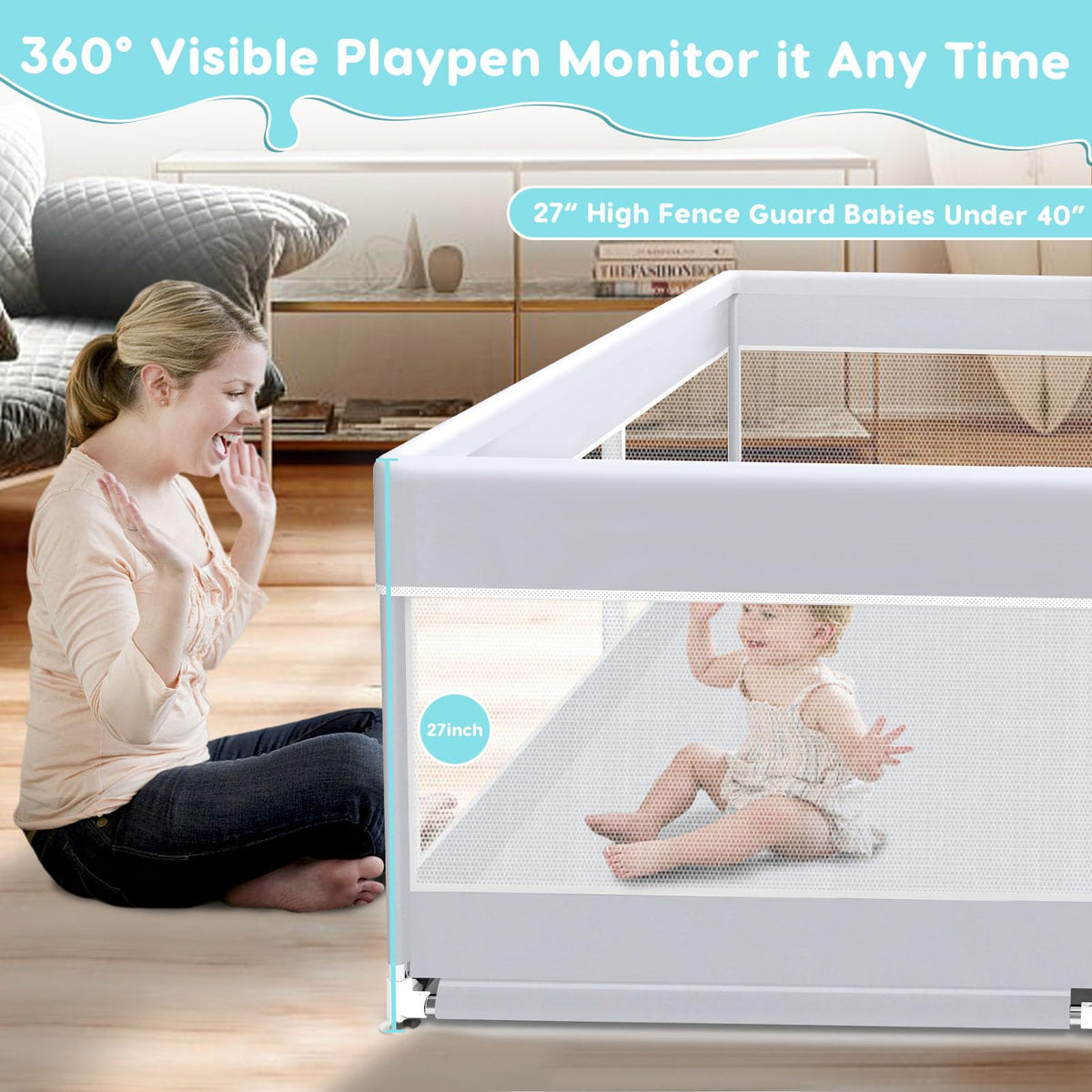 50x50 Inch Grey Baby Playpen with Mesh F8861