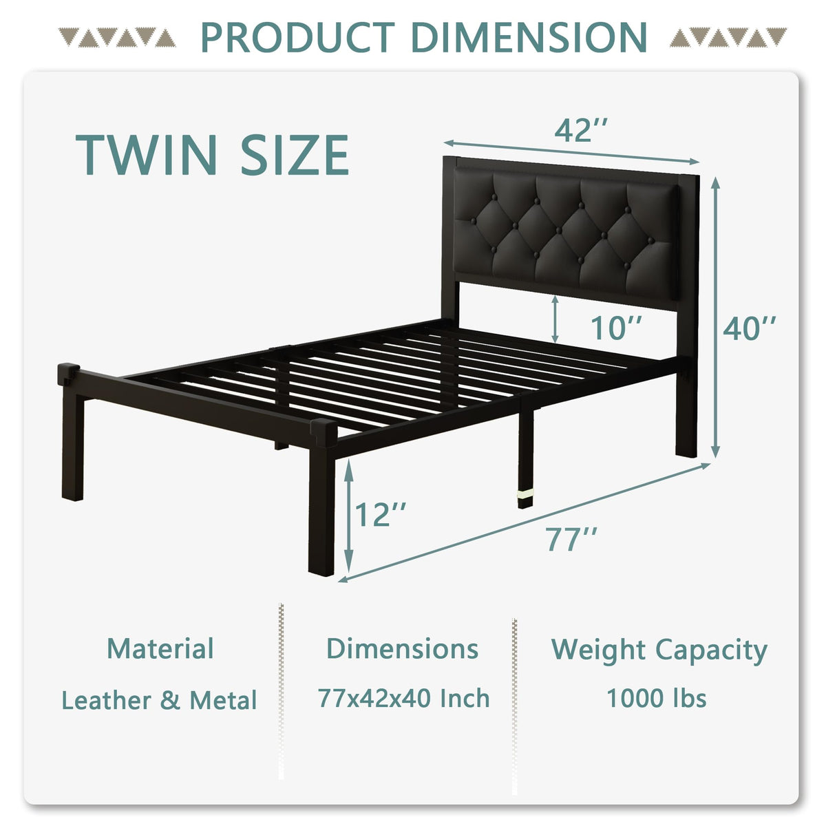 Twin Size Black Metal Platform Bed Frame with Faux Leather Tufted Headboard O60943