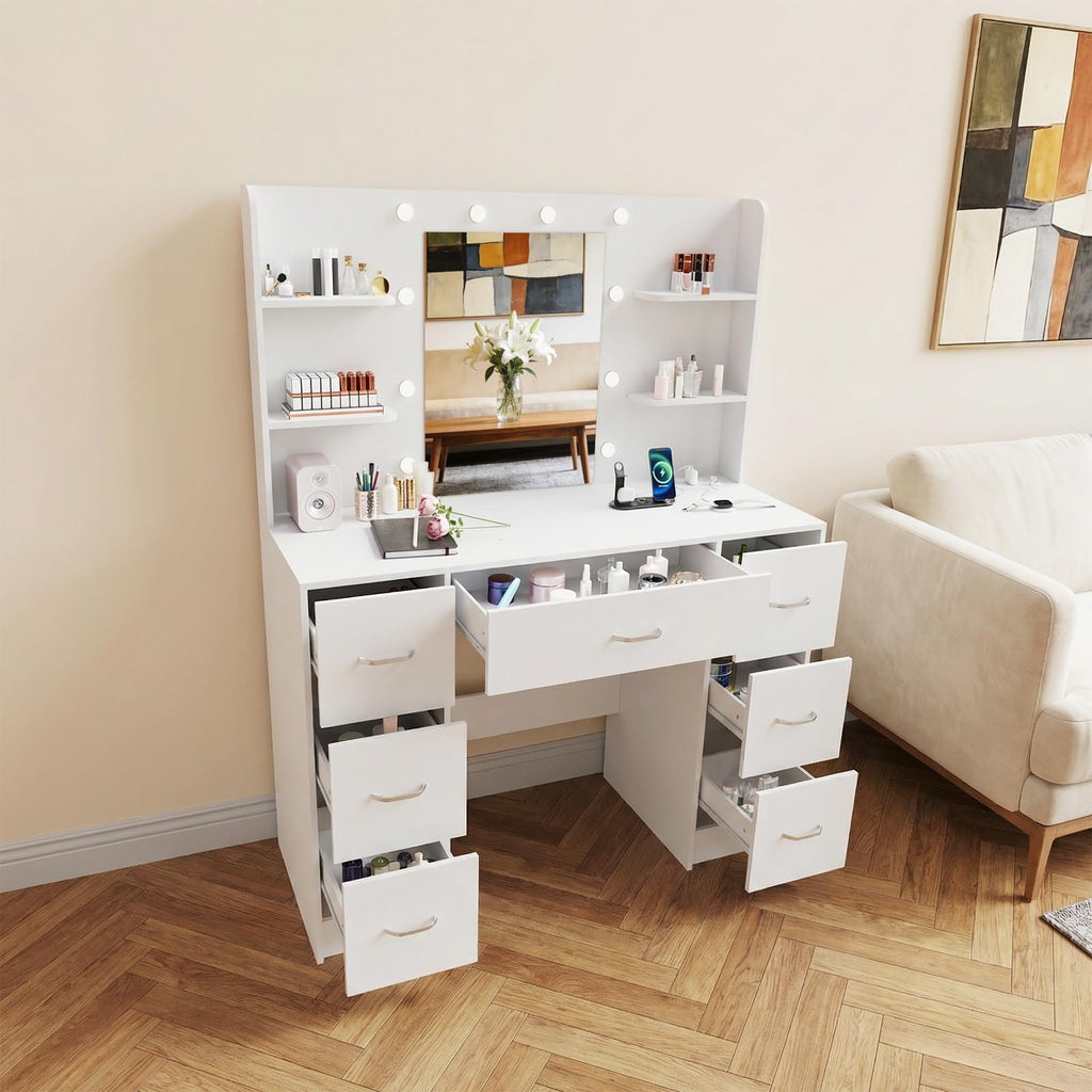 Large White Vanity Desk with LED Lighted Mirror & 7 Drawers I330