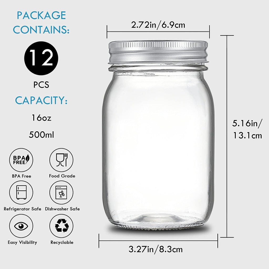 16 oz Clear Glass Mason Jars with Lids and Bands, 12 Pack C6657