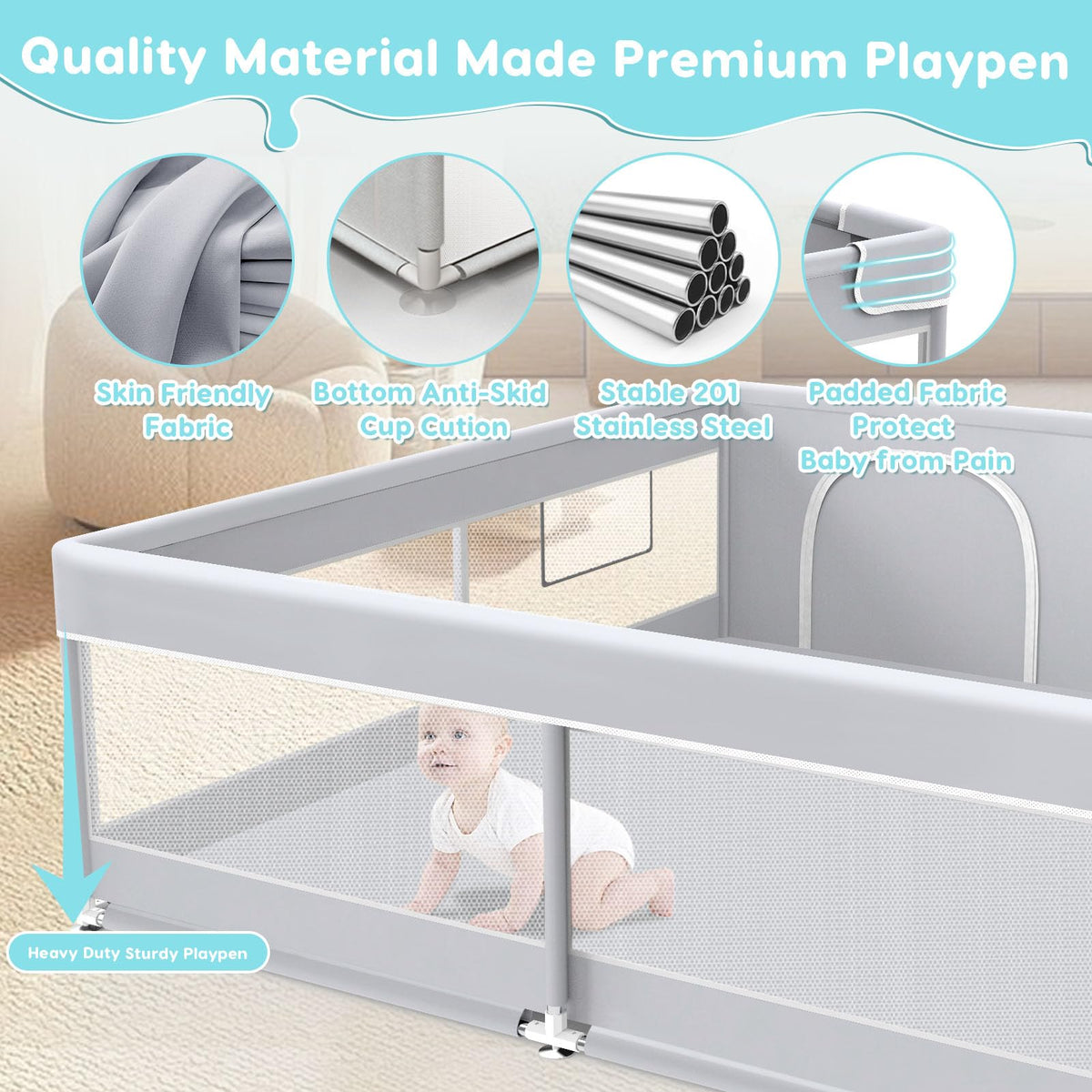 50x50 Inch Grey Baby Playpen with Mesh F8861