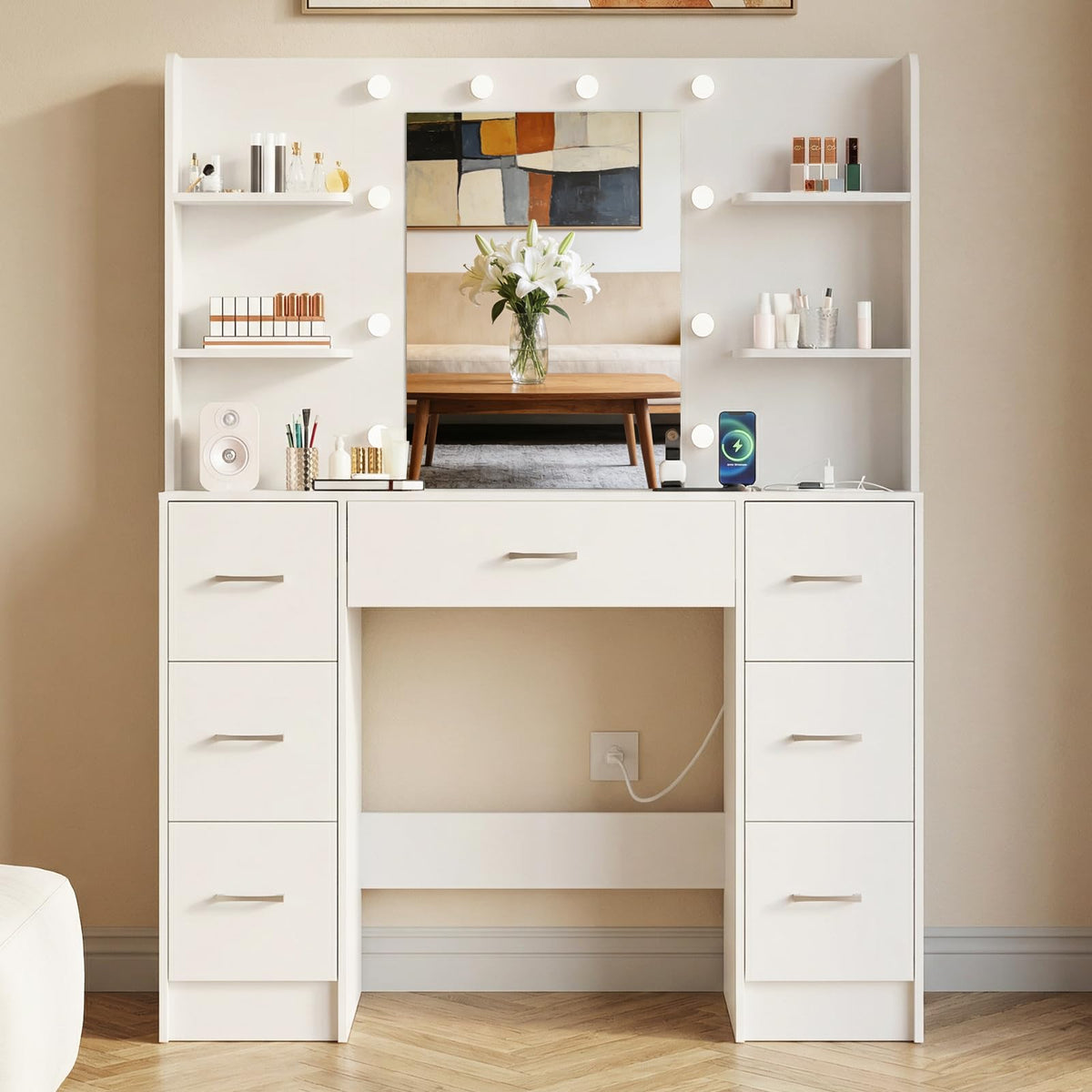 Large White Vanity Desk with LED Lighted Mirror & 7 Drawers I330
