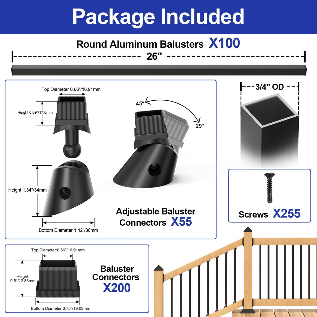 100 Pack 26" Square Black Aluminum Deck Balusters Z42310