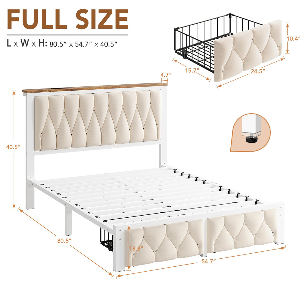 Beige Full Upholstered Platform Bed Frame with 2 Storage Drawers K12867