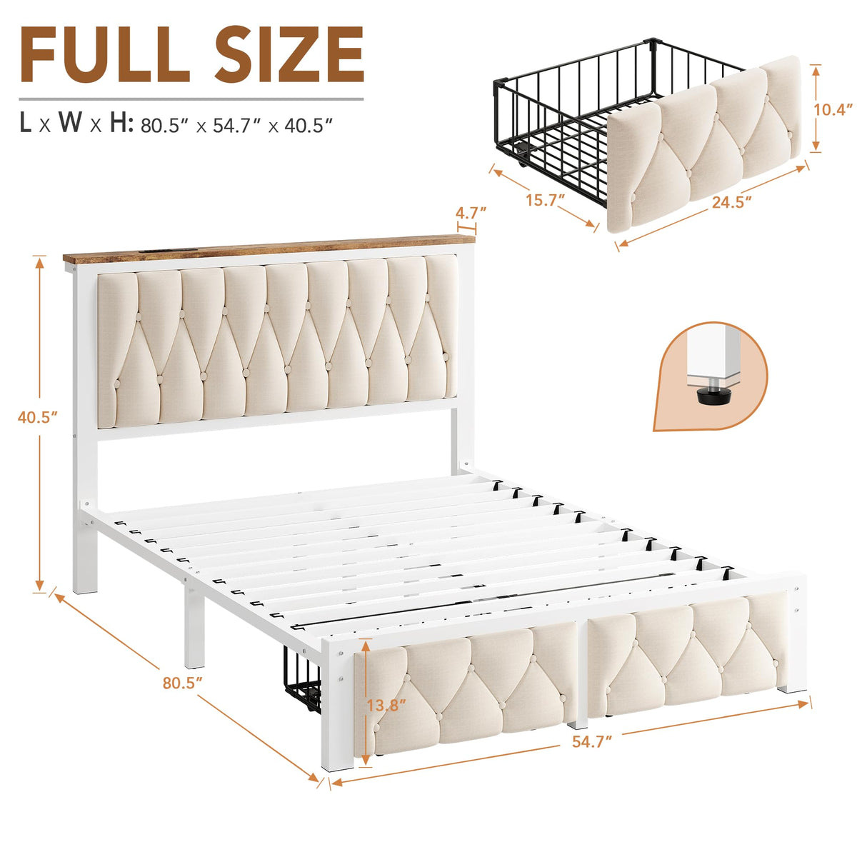 Beige Full Upholstered Platform Bed Frame with 2 Storage Drawers K12867