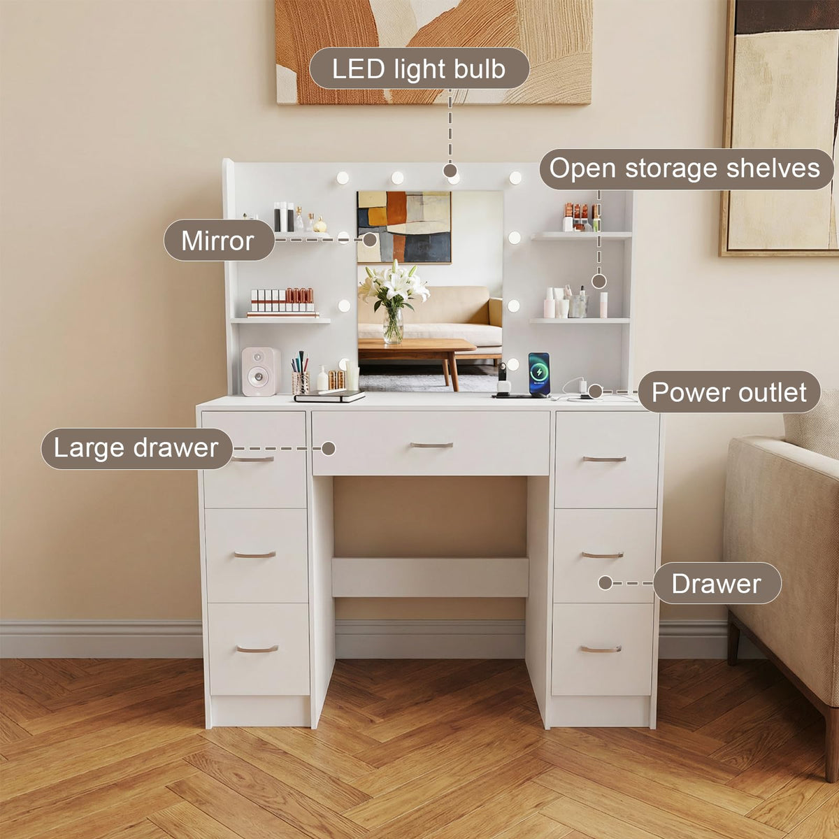 Large White Vanity Desk with LED Lighted Mirror & 7 Drawers I330