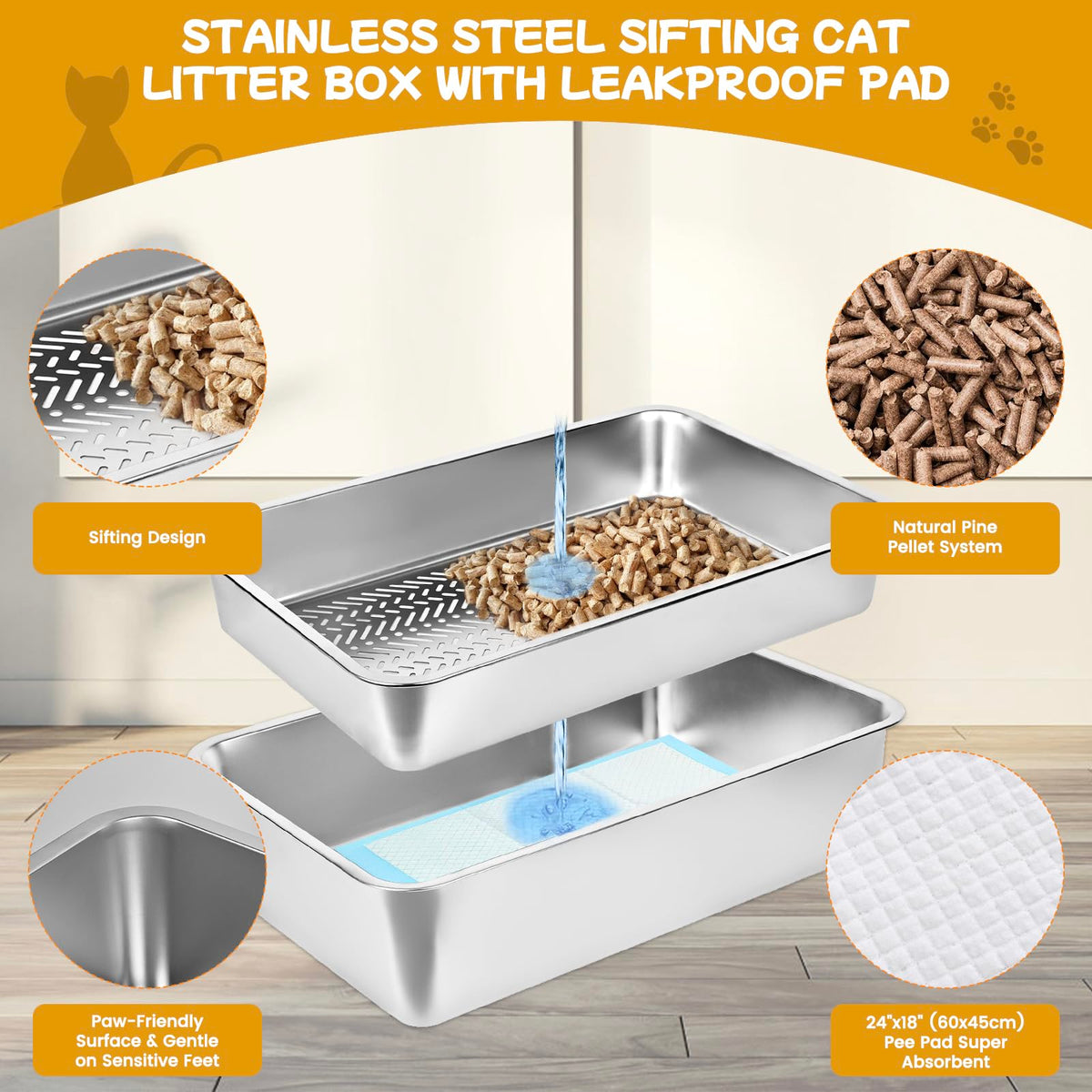 Stainless Steel Sifting Cat Litter Box with Scoop and Pee Pad X733