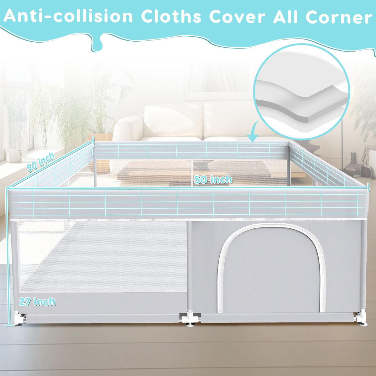 50x50 Inch Grey Baby Playpen with Mesh F8861