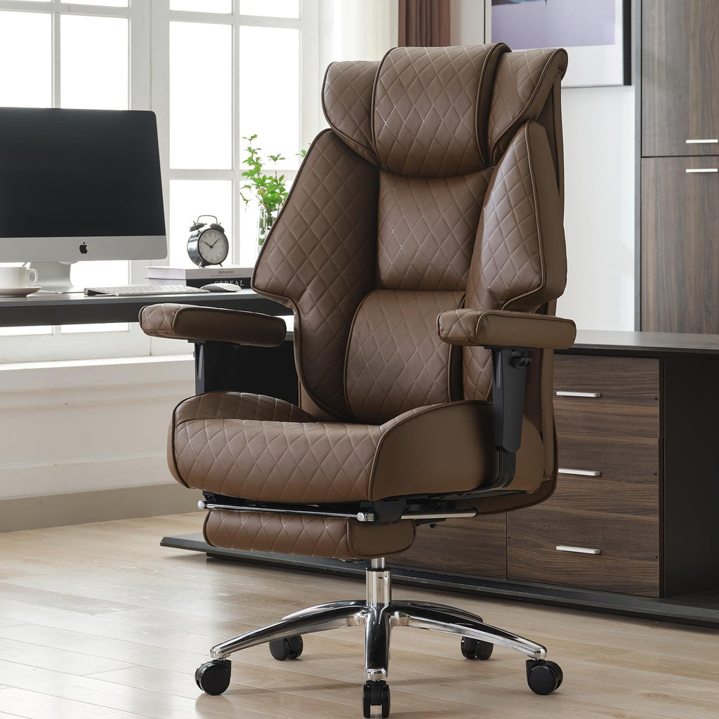 Big and Tall Office Chair with Footrest, PU Leather High Back Executive Chair 400lbs, Ergonomic Computer Chair Lumbar Support (Brown) N123