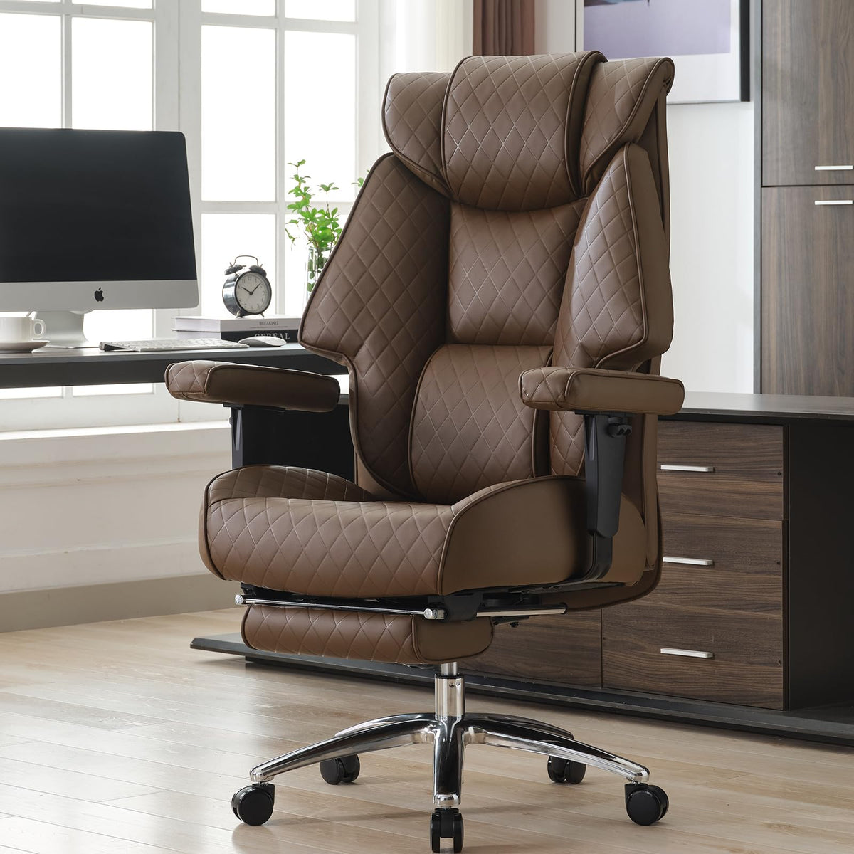 Big and Tall Office Chair with Footrest, PU Leather High Back Executive Chair 400lbs, Ergonomic Computer Chair Lumbar Support (Brown) N123