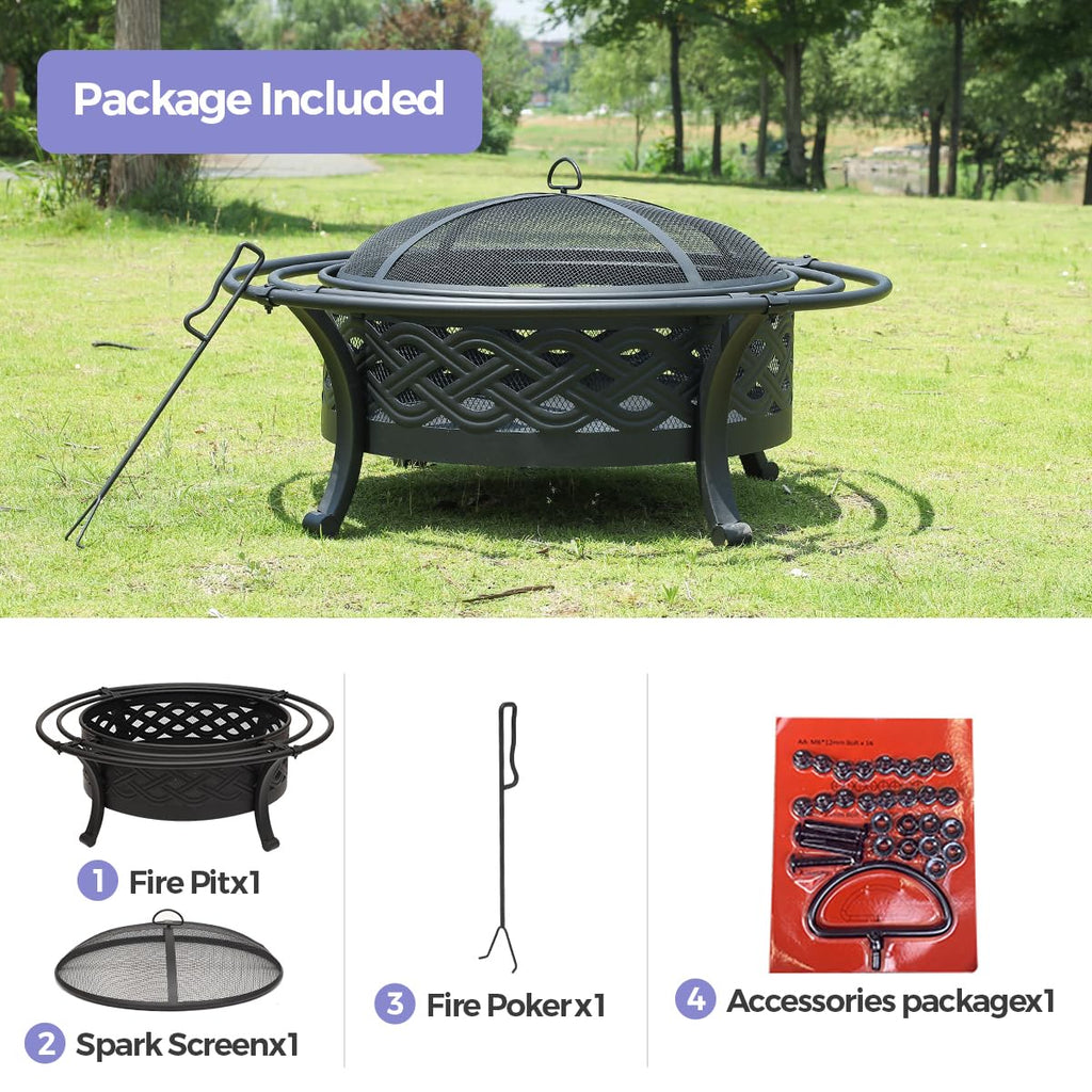 36 Inch Outdoor Fire Pit with Spark Screen Black P39038