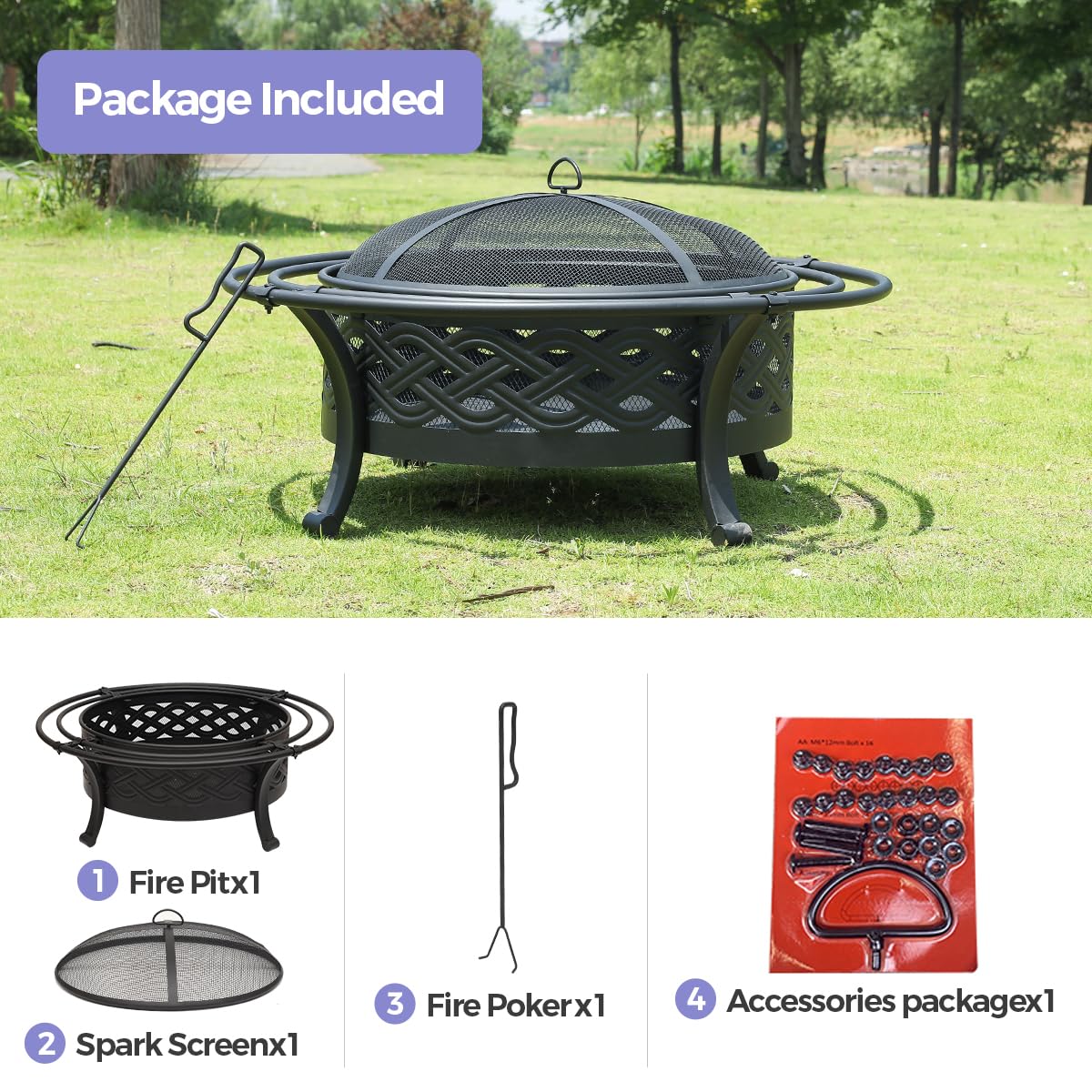 36 Inch Outdoor Fire Pit with Spark Screen Black P39038