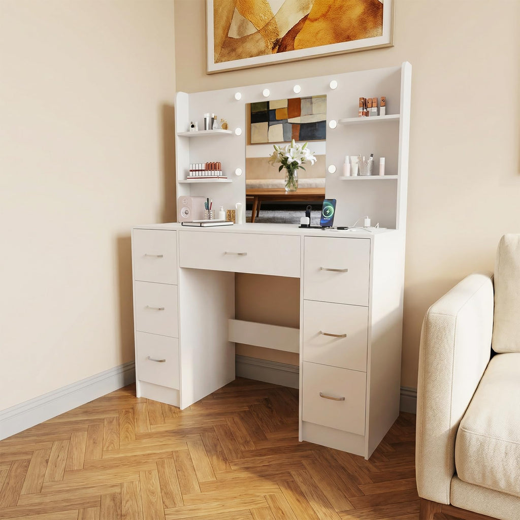 Large White Vanity Desk with LED Lighted Mirror & 7 Drawers I330