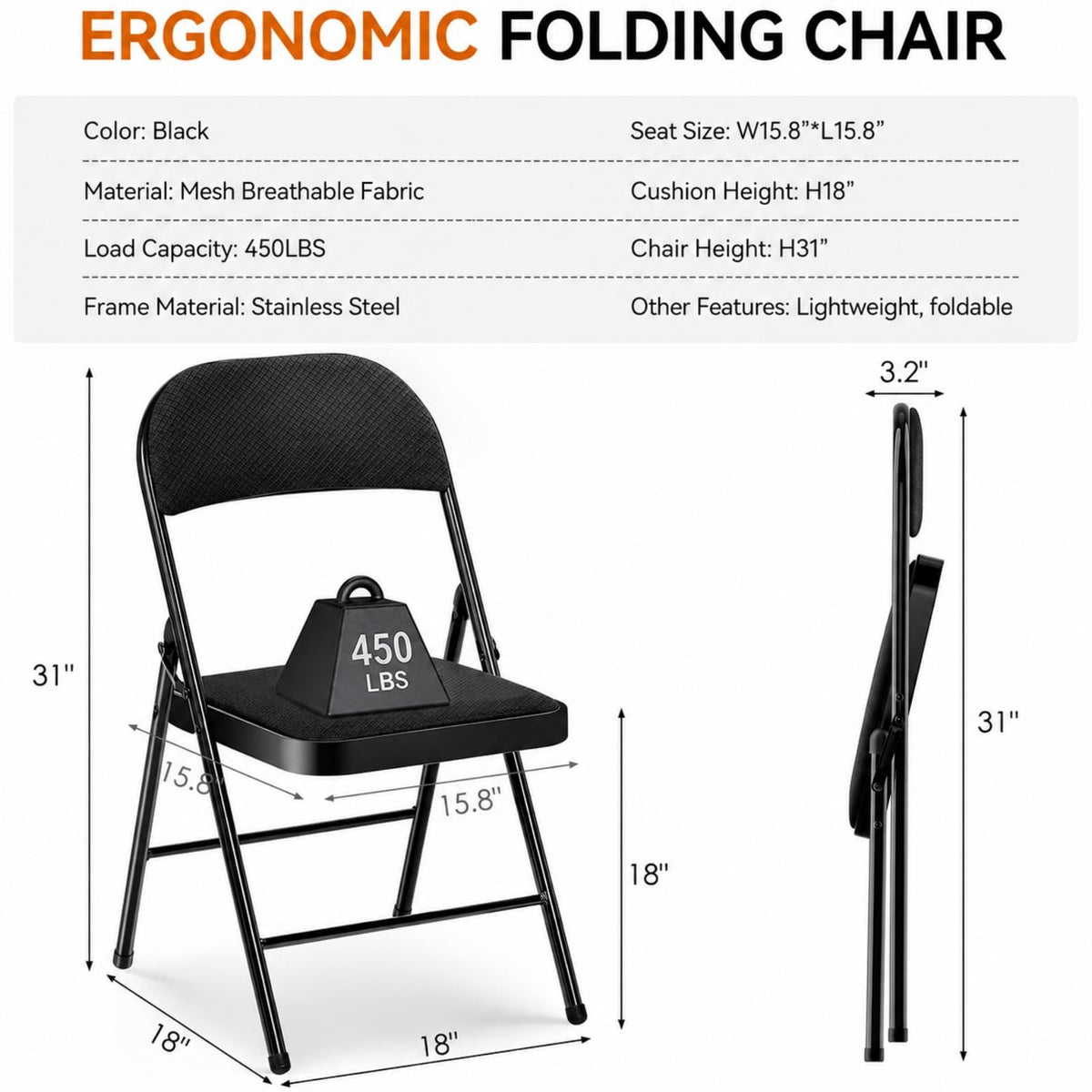 Folding Chairs with Cushion 10 Pack Black S2238