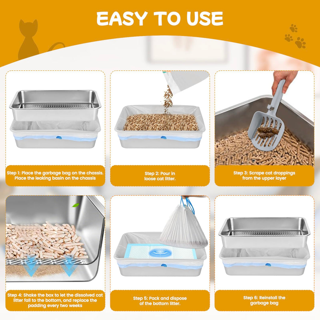 Stainless Steel Sifting Cat Litter Box with Scoop and Pee Pad X733