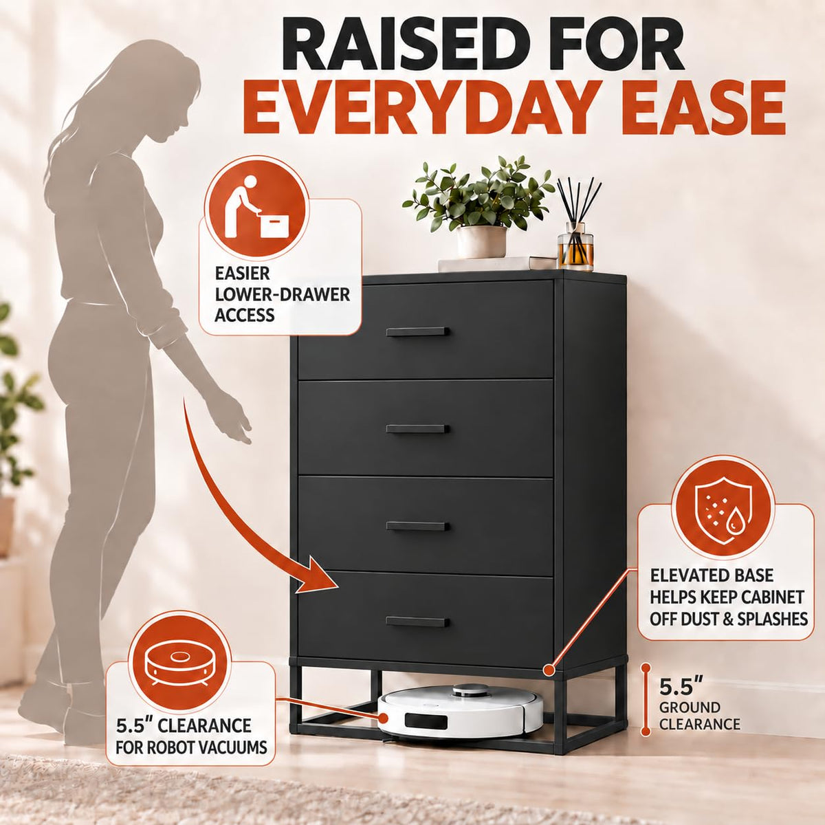 Black 4 Drawer Wooden Dresser S967