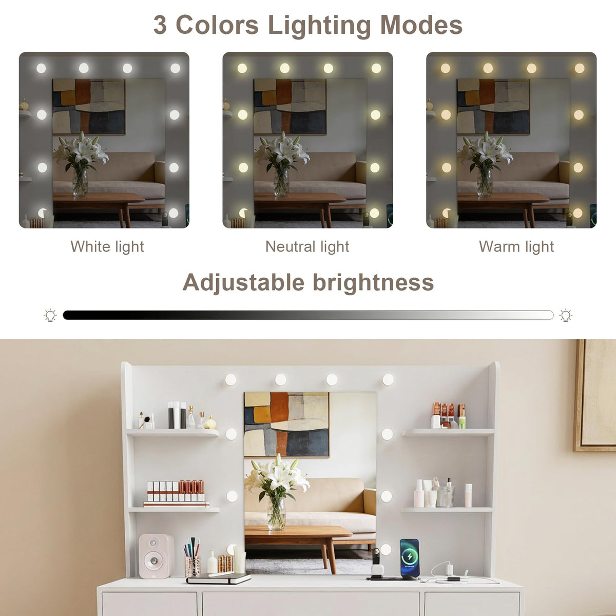 Large White Vanity Desk with LED Lighted Mirror & 7 Drawers I330