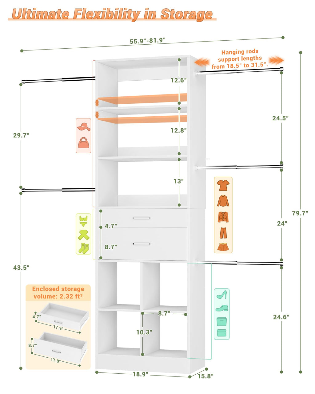 Small Closet System with 2 Wooden Drawers & 5 Hanging Rods, White O81082