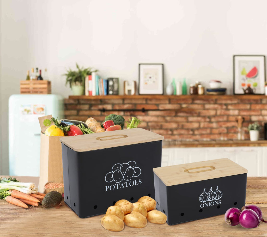 Vented Metal Vegetable Storage Bin Set of 2 with Wooden Lids C406232