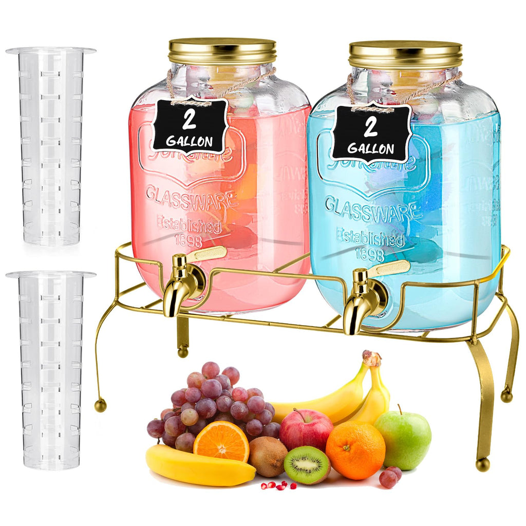 2 Pcs 2 Gallon Glass Drink Dispenser with Stand Q648939