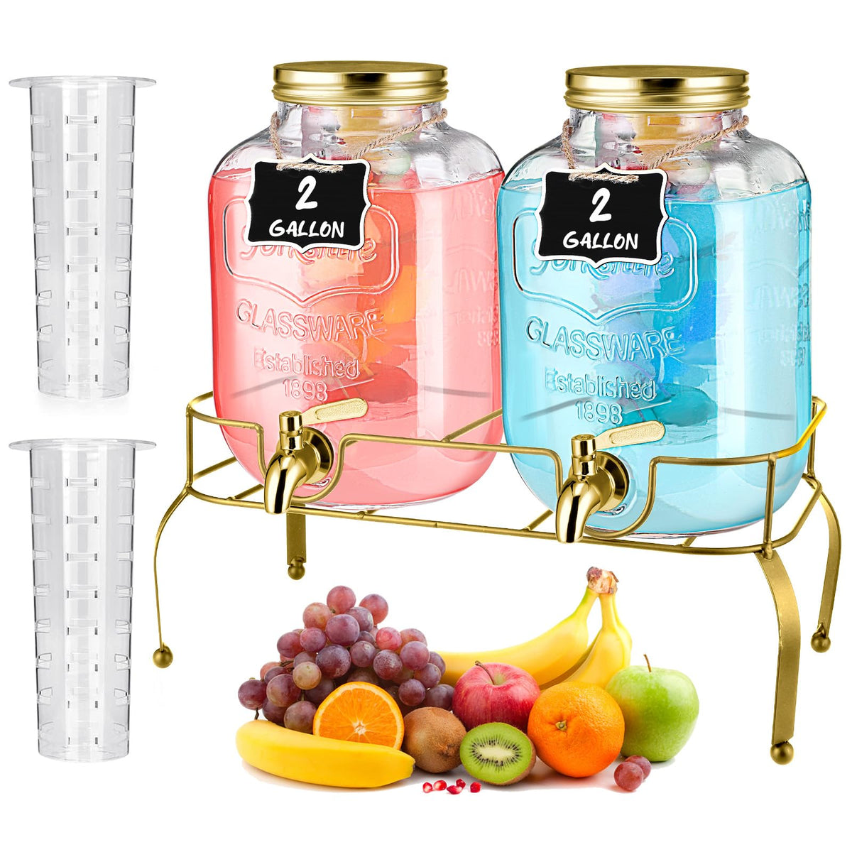 2 Pcs 2 Gallon Glass Drink Dispenser with Stand Q648939