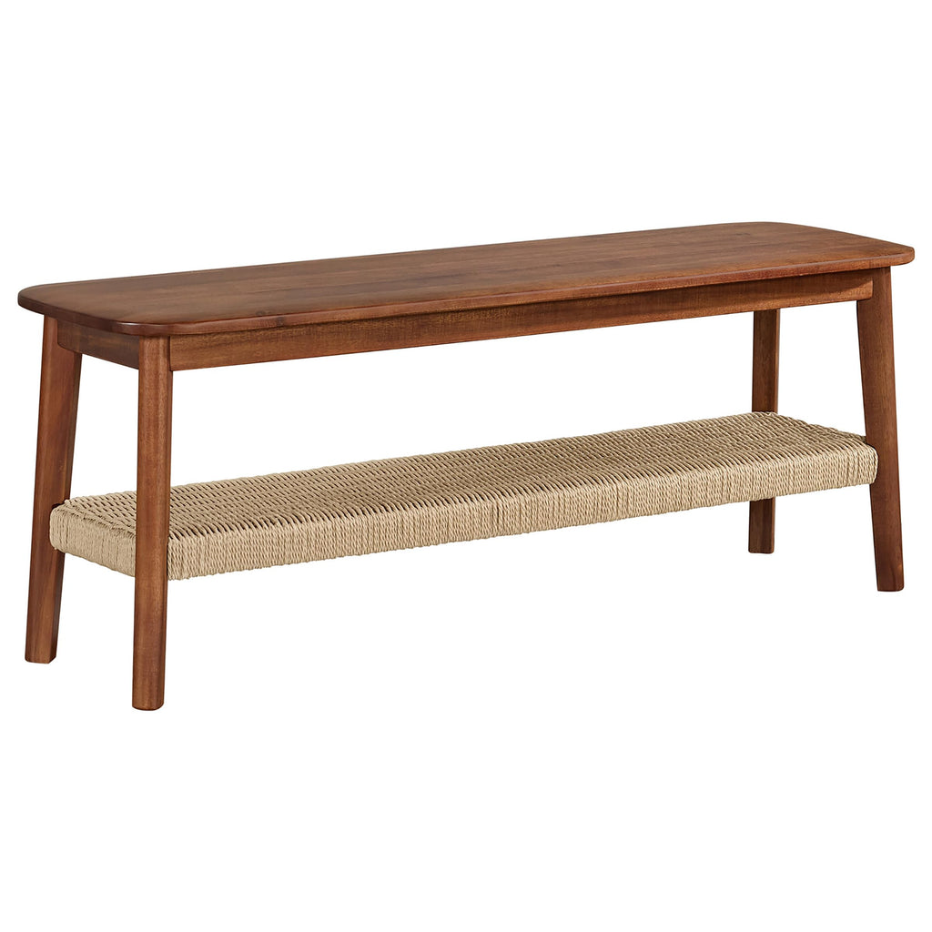 Solid Wood Entryway Bench with Woven Storage Shelf, Chestnut, 48” V7821
