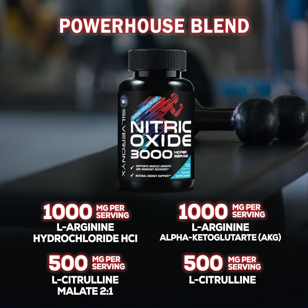 Nitric Oxide Supplement 3000mg Blend L-Arginine & L-Citrulline 120 Capsules J8498