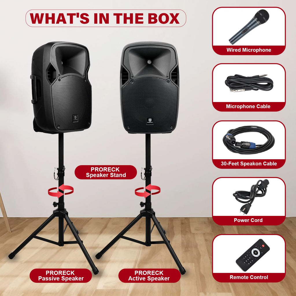 12-Inch 1800W 2-Way Powered PA Speaker System Combo Set with Speaker Stands J6109