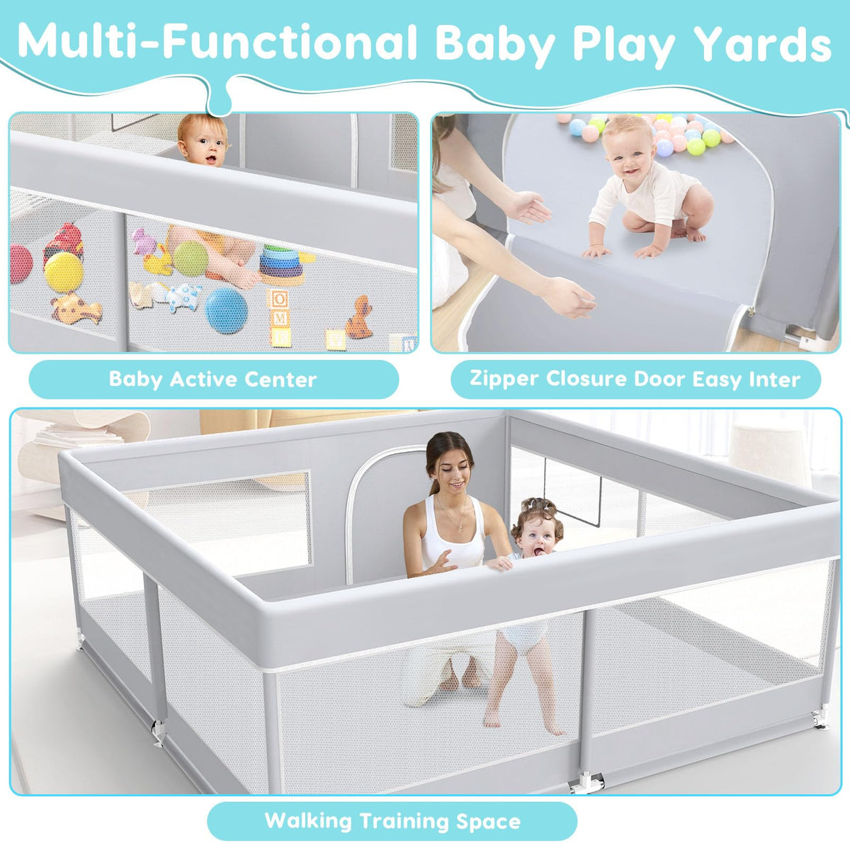 50x50 Inch Grey Baby Playpen with Mesh F8861